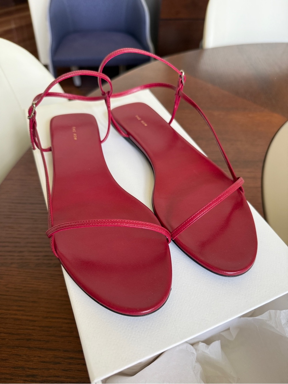 The Row Bare Minimal Strappy Sandals in Ruby Red - Picture 2 of 5